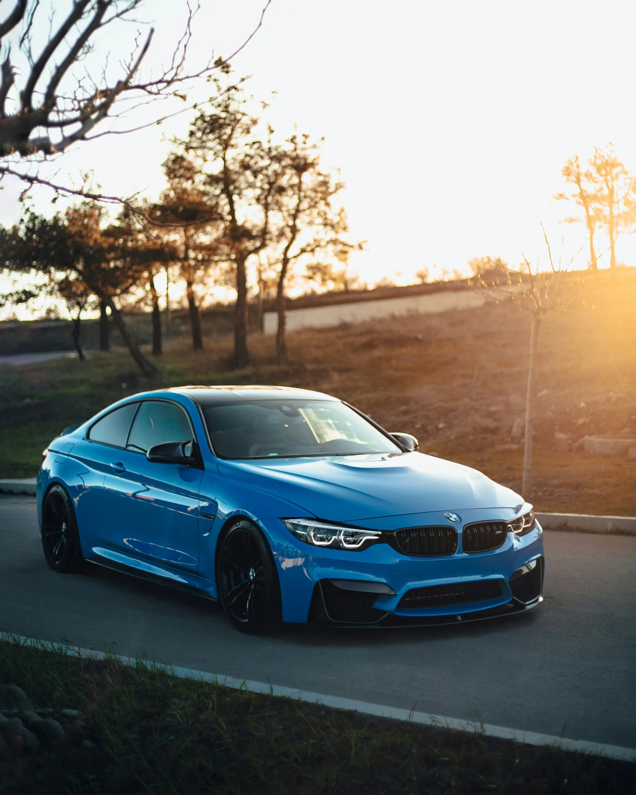 BMW M4 azul con pintura pulida al atardecer